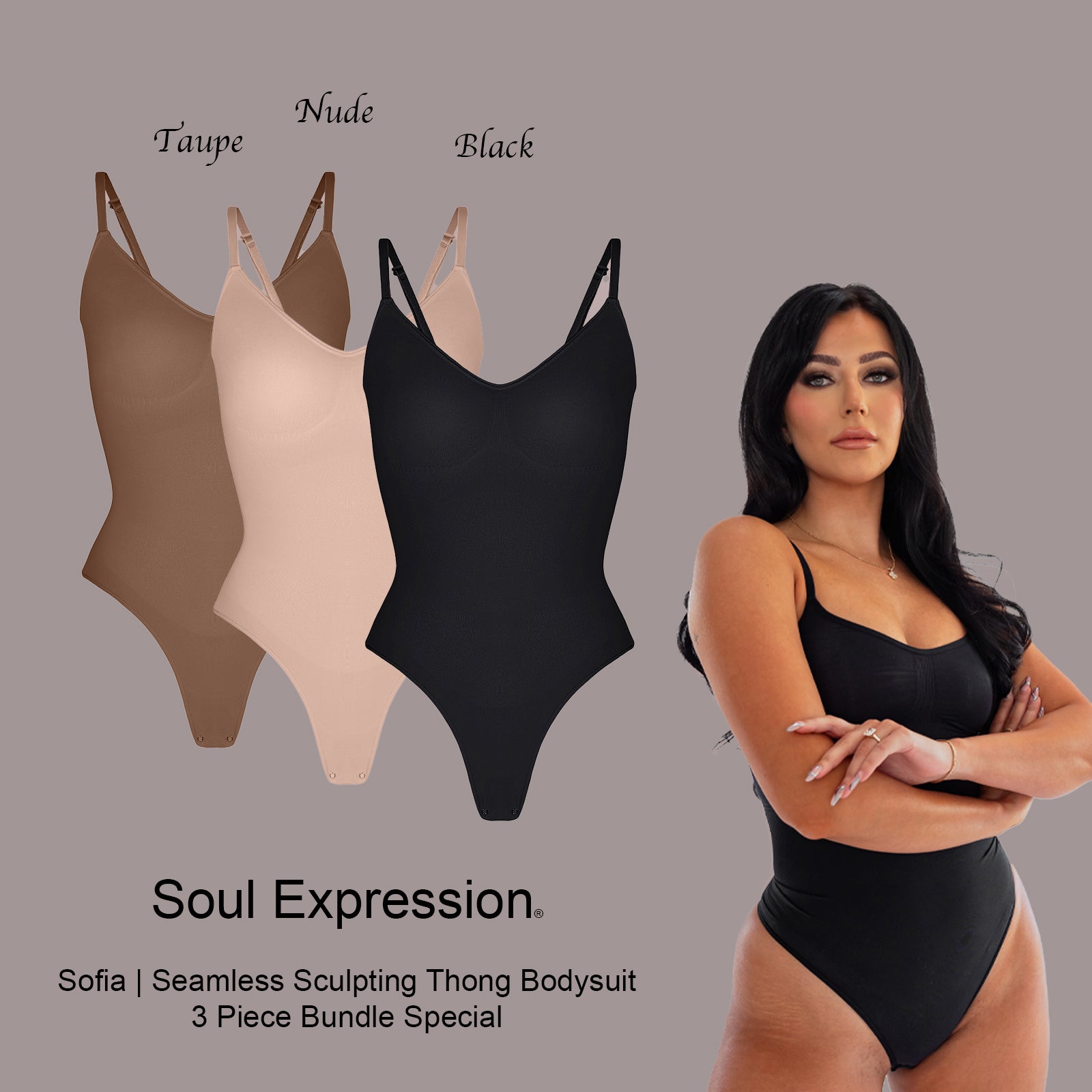 Sofia | Seamless Sculpting Thong Bodysuit - Adjustable Straps 3 Piece Bundle Special