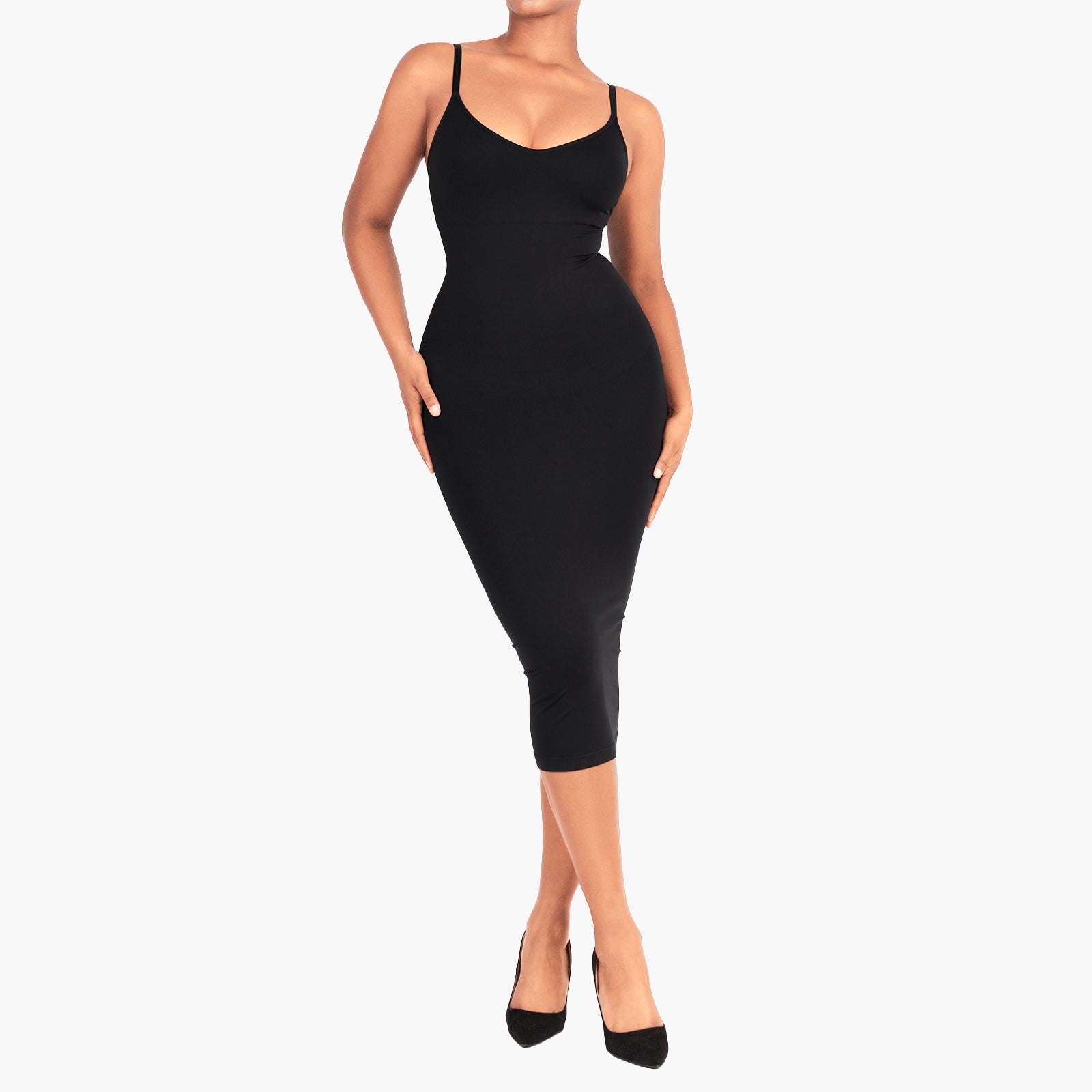 Kiara | Sculpting Deep V-Neck Midi Dress - Adjustable Straps