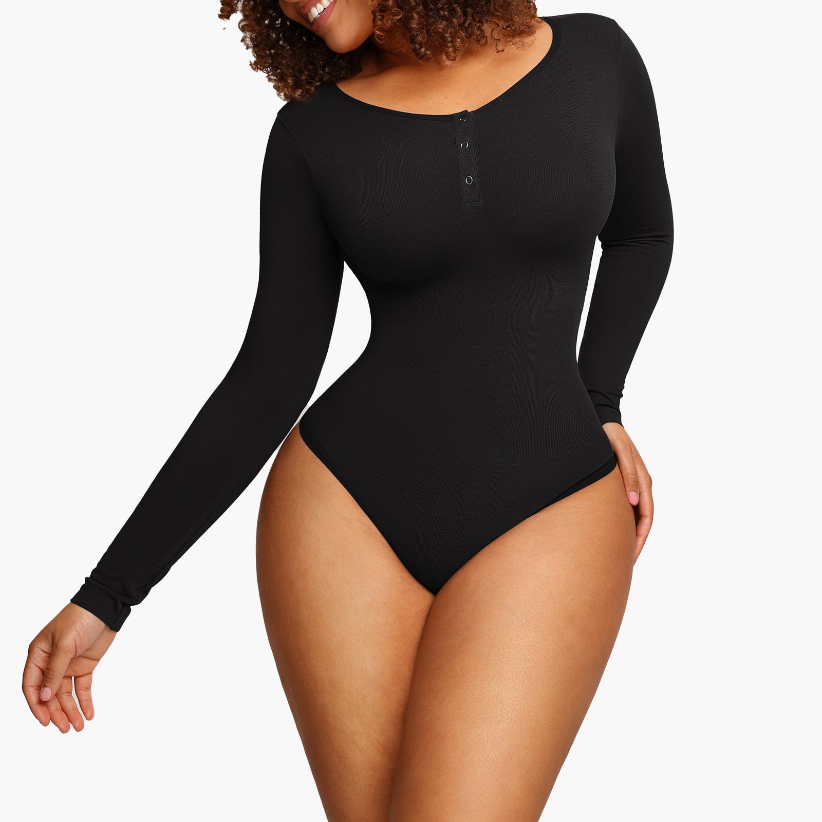 Bella | Seamless Sculpting Thong Bodysuit - Button Collar Long Sleeve