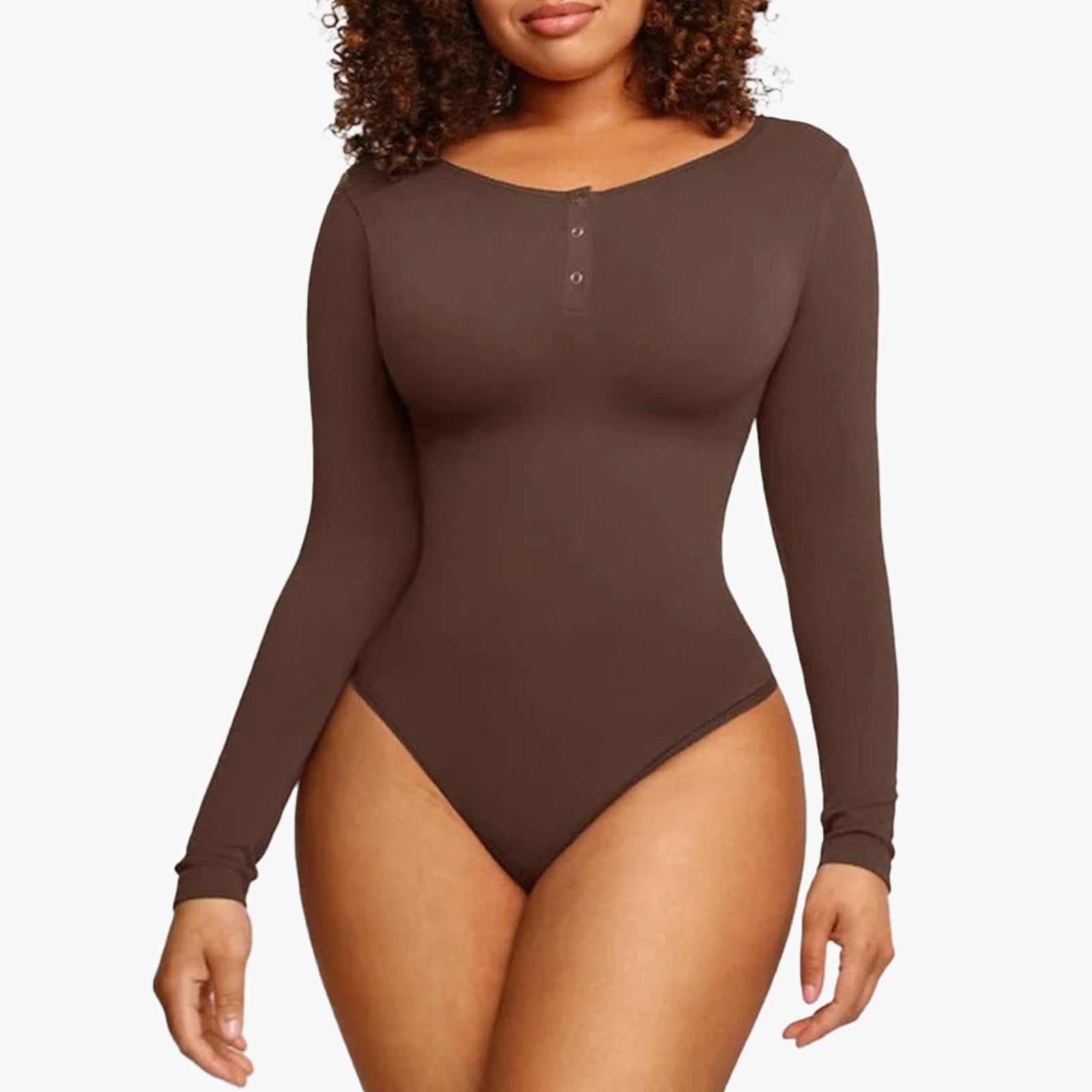 Bella | Seamless Sculpting Thong Bodysuit - Button Collar Long Sleeve