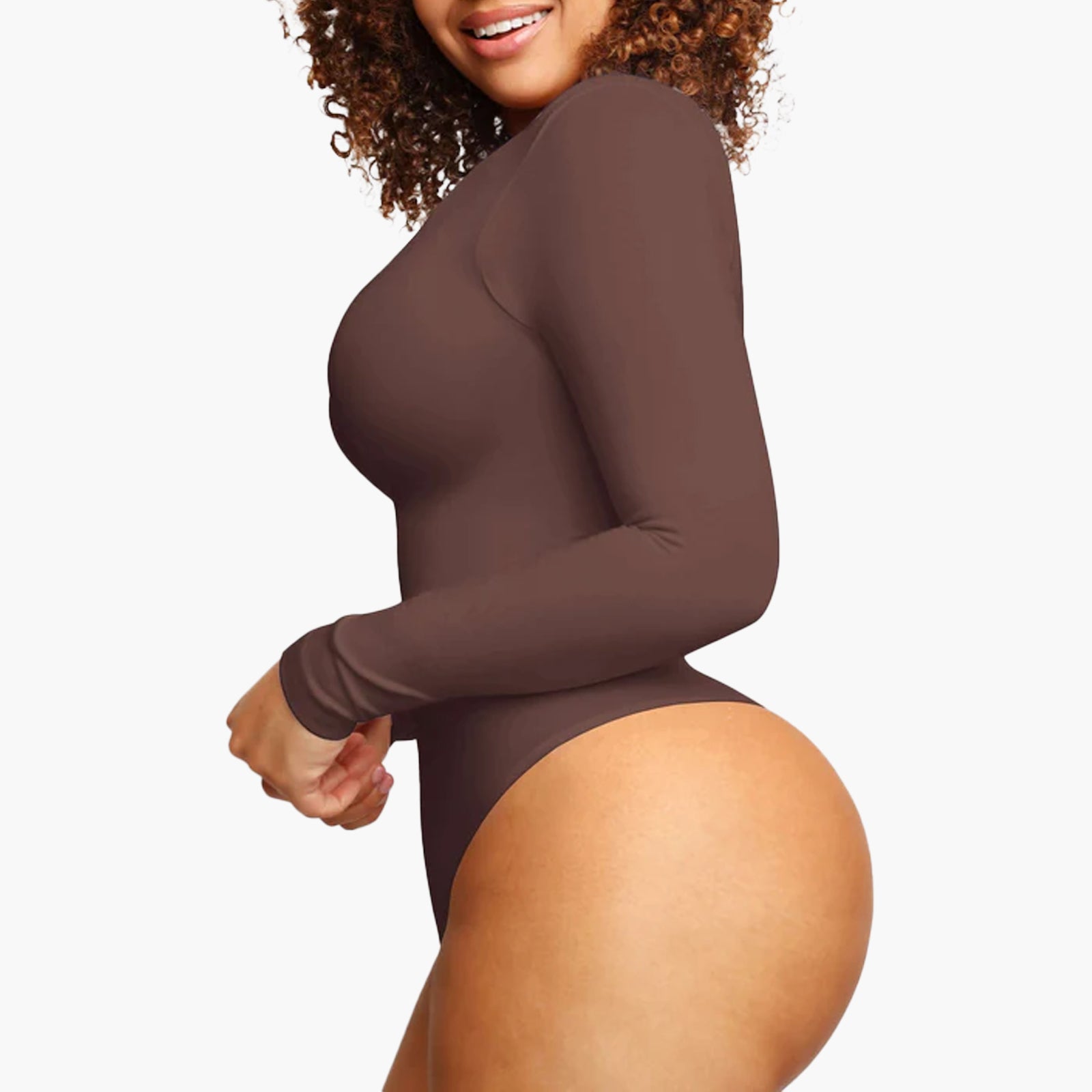 Bella | Seamless Sculpting Thong Bodysuit - Button Collar Long Sleeve