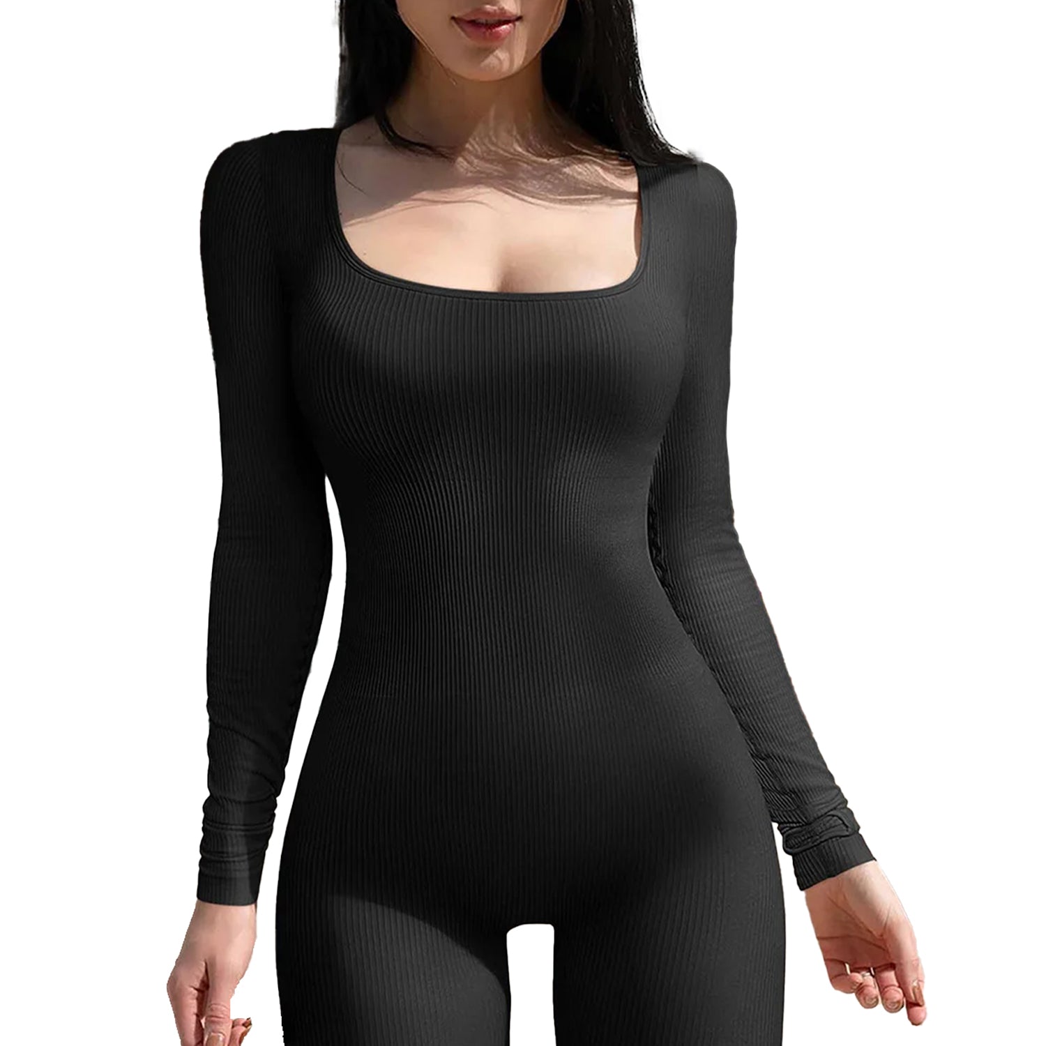 Halle | Seamless Bodycon Jumpsuit - Square Neck Long Sleeve (Ribbed)