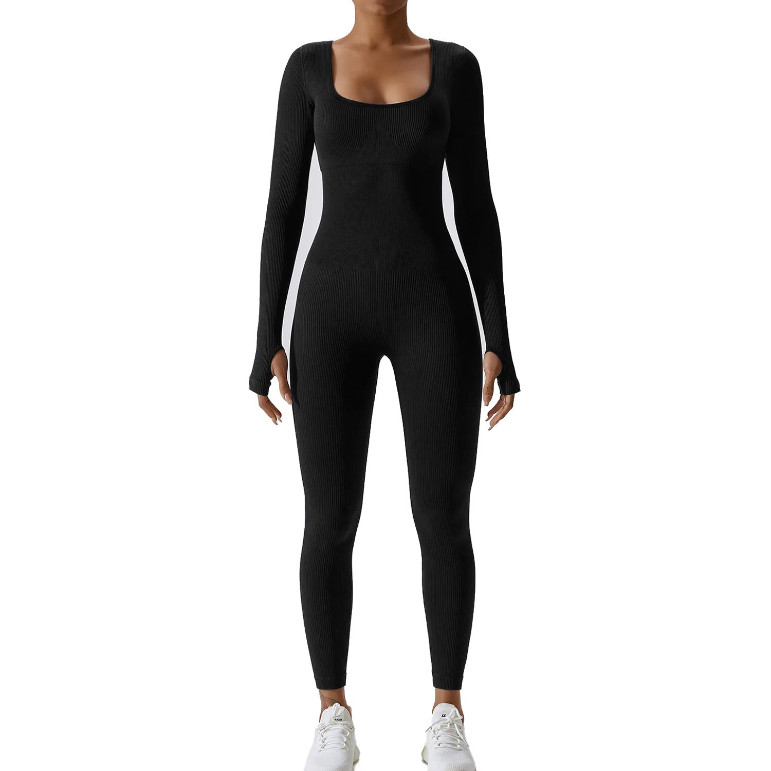 Halle | Seamless Bodycon Jumpsuit - Square Neck Long Sleeve (Ribbed)