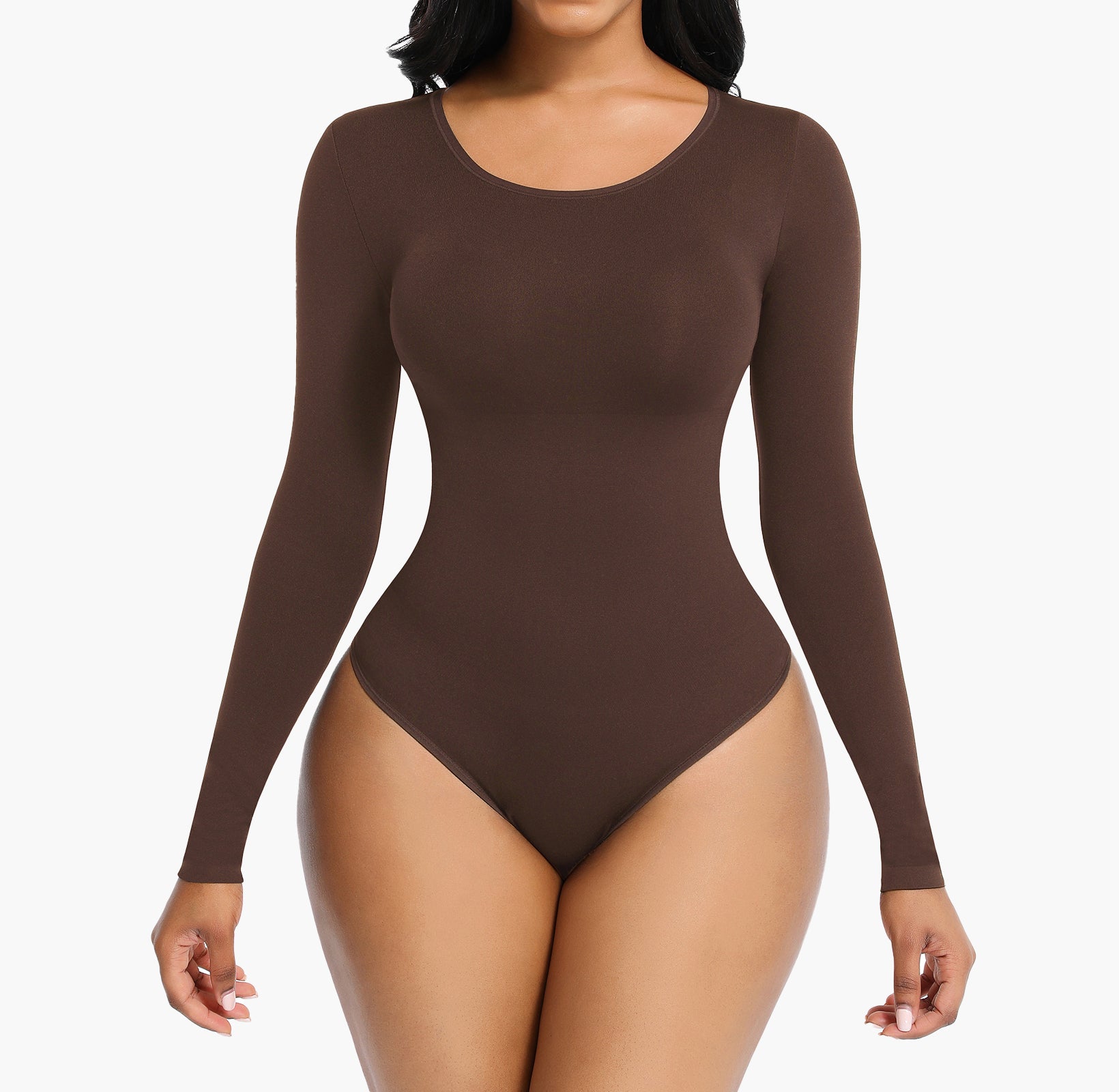 Alexandria | Seamless Sculpting Thong Bodysuit - Round Neck Long Sleeve